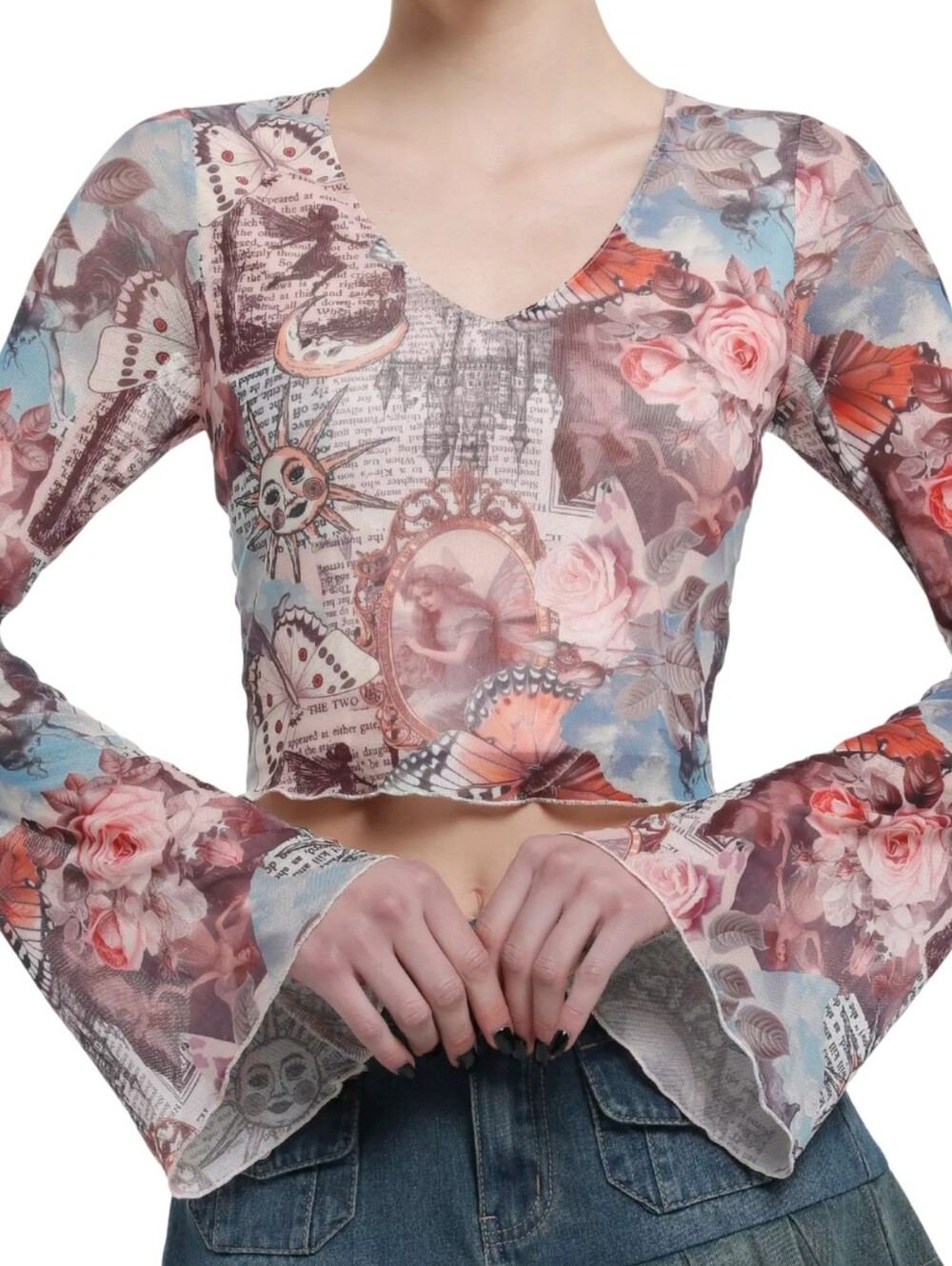 Y2K Vintage-Inspired Floral Mesh Crop Top Bellsleeve Size M/L